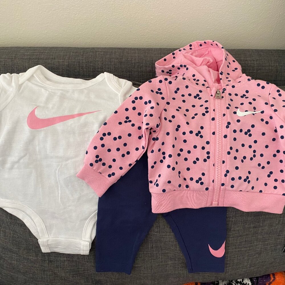 NWT Nike Baby Pink and navy Blue jacket pants onesie Set 3M months